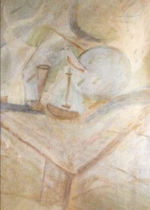 Adelheid Sandhof - grosses Stillleben mit Einhorntier Kelch und Vogel/1993